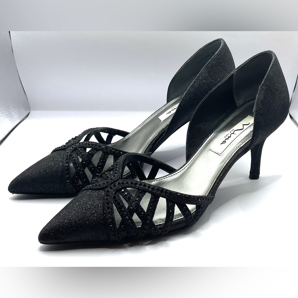 Womens nina low kitten heels shoes black glitter pointy toe elegant evening wear